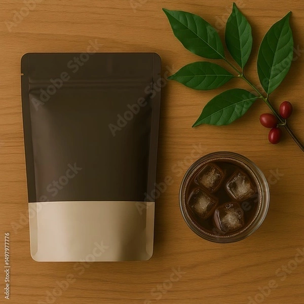 Obraz Coffee Packaging Mockup with Zipper Pouch and Coffee Cup on Wooden Table with Natural Light
