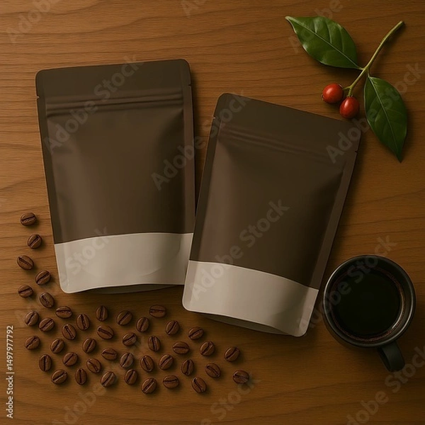 Obraz Coffee Packaging with Cup and Coffee Beans on Wooden Table