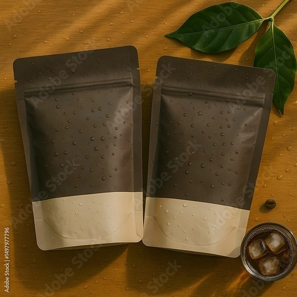 Obraz Coffee Packaging with Cup and Coffee Beans on Wooden Table