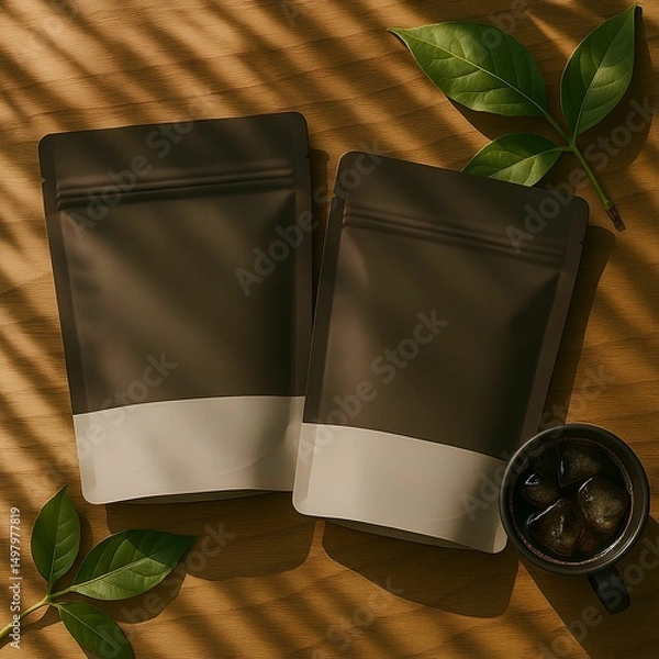 Obraz Coffee Packaging with Cup and Coffee Beans on Wooden Table