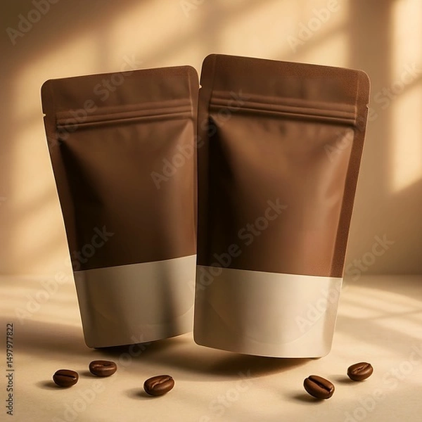 Obraz Coffee Packaging Mockup with Zipper Pouch and Coffee Cup on Wooden Table with Natural Light