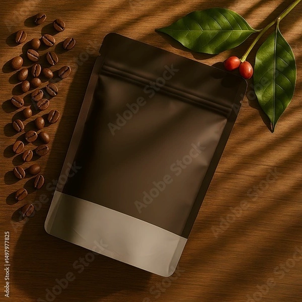 Obraz Coffee Packaging with Cup and Coffee Beans on Wooden Table