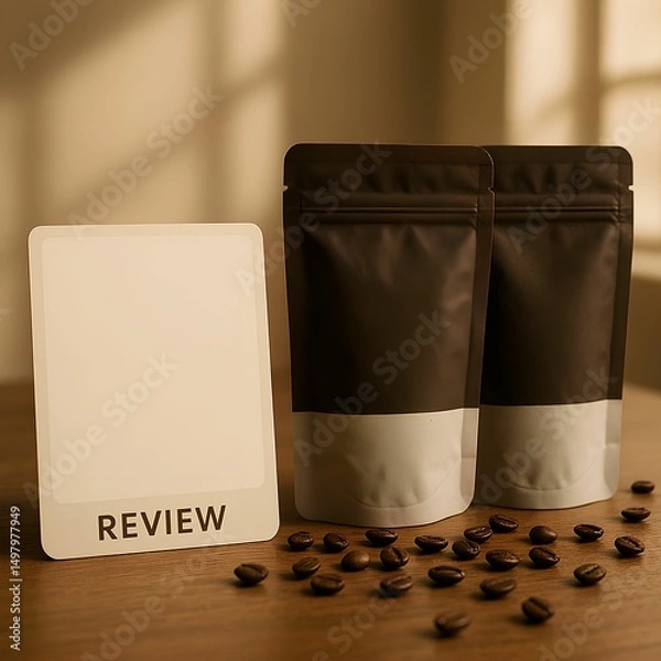 Obraz Coffee Packaging Mockup with Blank Poster for Branding Presentation in Soft Natural Light