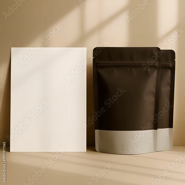 Obraz Coffee Packaging Mockup with Blank Poster for Branding Presentation in Soft Natural Light