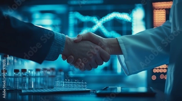 Fototapeta Close-up handshake above genetics research papers, DNA sequence charts, tablet with genome analysis, in modern biotech lab with glowing equipment. Created Using: DSLR, biotech style, cool lighting,