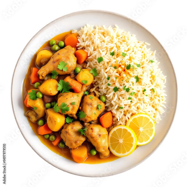 Fototapeta Delicious And Tempting Dish Of Chicken And Rice On A Plate Served On A Table