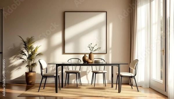Obraz Elegant dining room with a white canvas wall, mid-century modern chairs, a wooden dining table, and subtle gold accents.