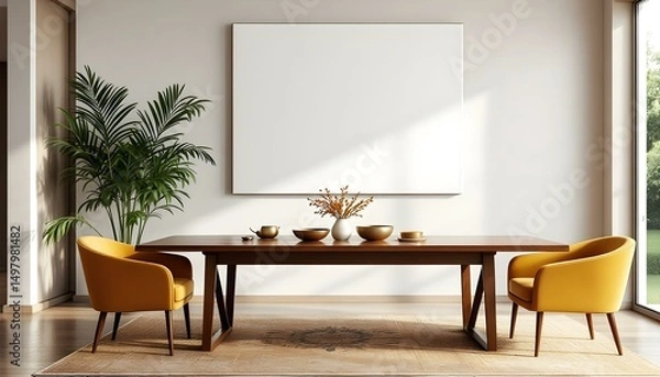 Obraz Elegant dining room with a white canvas wall, mid-century modern chairs, a wooden dining table, and subtle gold accents.