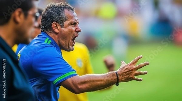 Obraz Furious soccer coach yelling with passion, intense game side-line energy.
