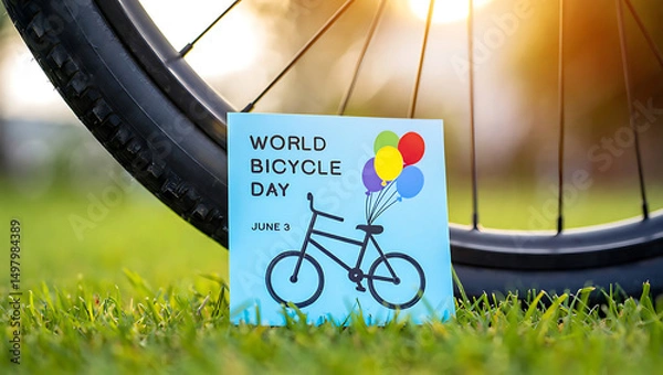 Fototapeta World Bicycle Day: An evocative shot of a bicycle and colorful balloons nestled in lush green grass, with a vibrant message celebrating World Bicycle Day.
