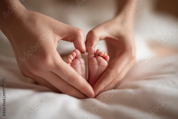 Obraz Newborn Baby Feet in Mother’s Hands Forming Heart Shape on Soft Blanket. Concept of Love, Care and Parenthood