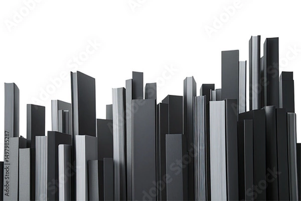 Fototapeta Stylized grayscale cityscape rendering, featuring numerous rectangular buildings of varying heights against a pure black background, creating a minimalist and abstract urban scene