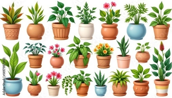 Fototapeta a diverse array of potted plants, each with its unique charm and personality, is showcased in an isolated illustration against a crisp, white background