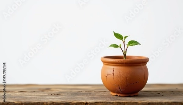 Fototapeta a simple, rustic brown earthen flower pot, its surface adorned with subtle cracks, holds a single, vibrant green plant in sharp focus