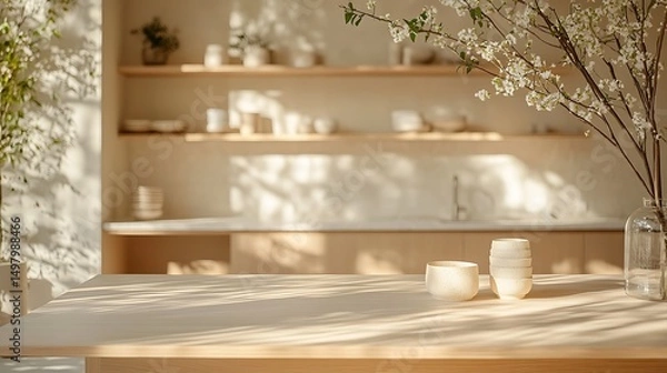 Fototapeta A photograph of a smooth spruce tabletop, pale blonde finish, low angle, blurred minimalist kitchen with white marble countertops, open shelving, and diffused natural light. Bright, soft atmosphere.