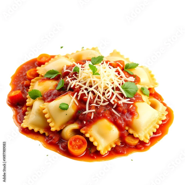 Fototapeta Ravioli pasta served with tomato sauce and cheese and herbs on a transparent background