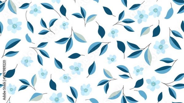 Fototapeta Blue flower and leaves on white background, seamless pattern print in rustic vintage style