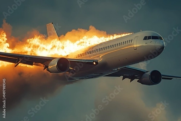 Fototapeta Airplane emergency as flames erupt from the tail during flight over a cloudy sky