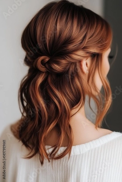 Fototapeta Elegant half-up hairstyle with soft waves showcased by a model in a natural setting