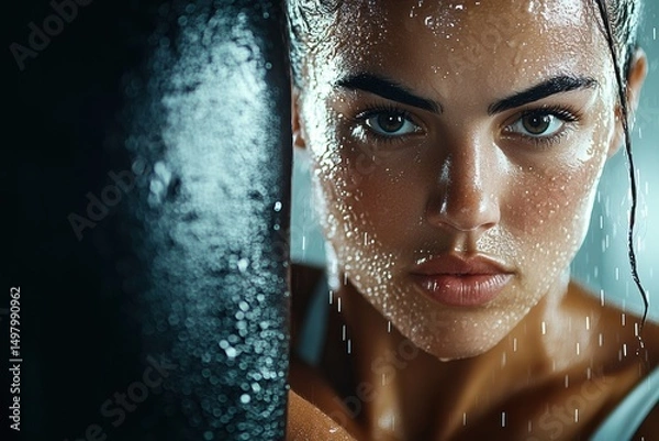 Fototapeta Intense boxer training in a rainy environment with droplets on skin and a focused expression