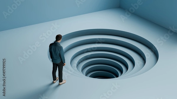 Obraz Man Standing Over Endless Downward Spiral - Concept of Debt, Despair, and Inescapable Cycles, 3D Render