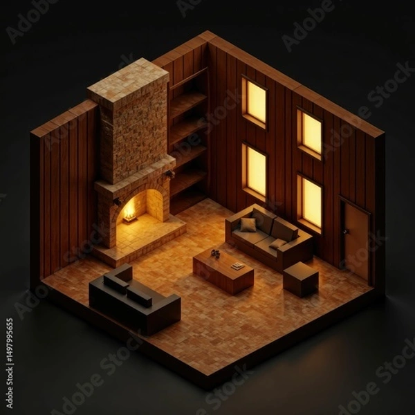 Obraz Isometric sunken living room with warm wooden textures and built-in fireplace - Dark and Moody