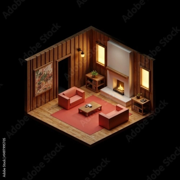 Obraz Isometric sunken living room with warm wooden textures and built-in fireplace - Dark and Moody