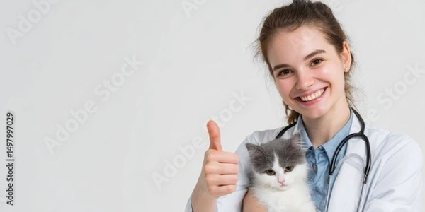 Obraz Cheerful female veterinarians holding a kitten and a puppy while giving a thumbs-up gesture. The clean background and friendly expressions convey trust, care, and professionalism, making these images 