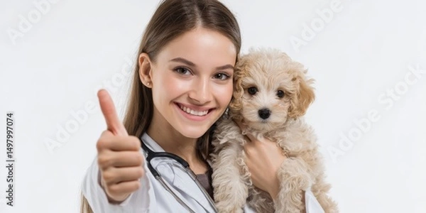 Obraz Cheerful female veterinarians holding a kitten and a puppy while giving a thumbs-up gesture. The clean background and friendly expressions convey trust, care, and professionalism, making these images 