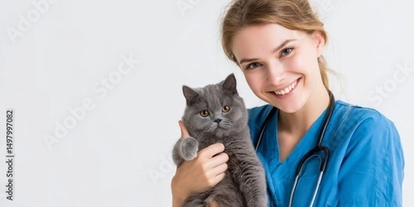 Obraz Cheerful female veterinarians holding a kitten and a puppy while giving a thumbs-up gesture. The clean background and friendly expressions convey trust, care, and professionalism, making these images 