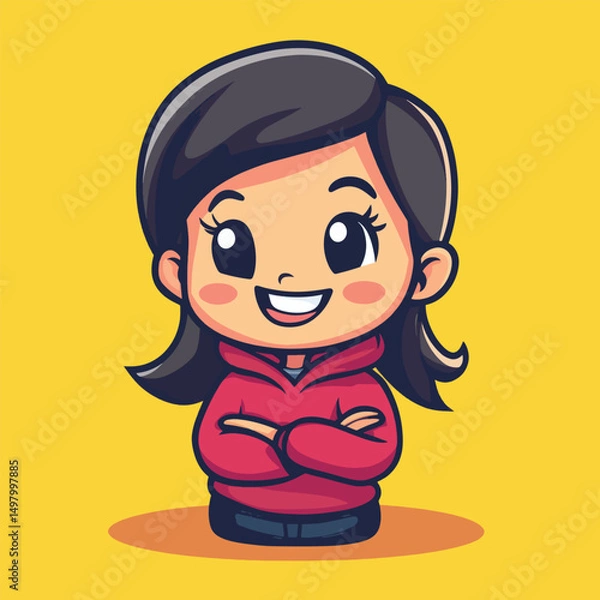 Obraz Cartoon girl with dark hair smiling wearing a red hoodie with arms crossed