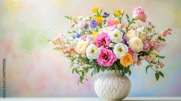 Fototapeta Colorful flower arrangement in a white textured vase on a pastel background.