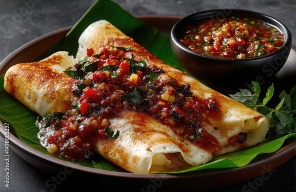 Fototapeta Masala dosa, a south indian fermented crepe, resting on banana leaf, with chutneys