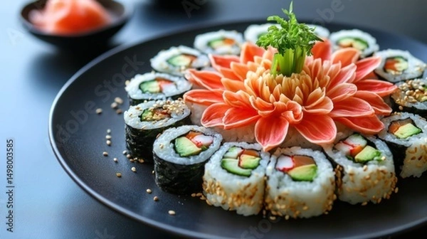 Obraz Artistically arranged sushi maki rolls with a dahlia flower center.