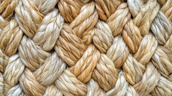 Obraz Close-up shot of a tightly woven, natural fiber rope with intricate details.