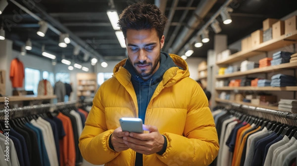 Fototapeta Young Man in Yellow Jacket Using Smartphone - Browsing Clothing Store and Checking Mobile Application for Mobile to In-Store Shopping Experience