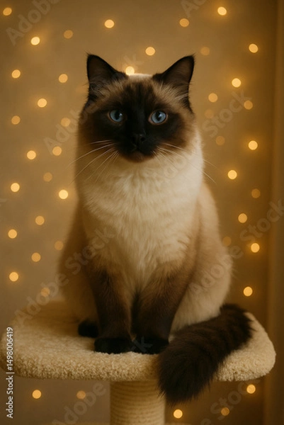 Obraz Beautiful purebred Ragdoll cat lounges in a cozy, well-decorated home, showcasing its soft fur, striking blue eyes, and calm, affectionate demeanor.