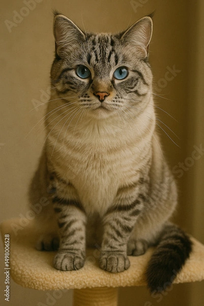 Obraz Beautiful purebred Ragdoll cat lounges in a cozy, well-decorated home, showcasing its soft fur, striking blue eyes, and calm, affectionate demeanor.