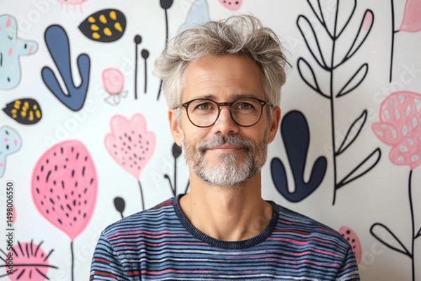 Obraz Portrait of a confident man wearing a colorful patterned top, offering a subtle smile while looking directly at the camera against a plain white background.