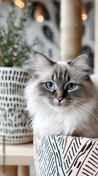 Obraz Beautiful purebred Ragdoll cat lounges in a cozy, well-decorated home, showcasing its soft fur, striking blue eyes, and calm, affectionate demeanor.