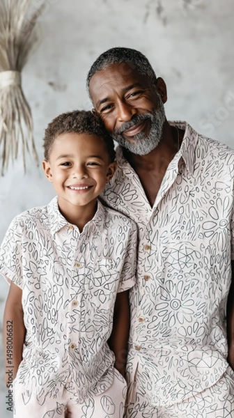 Fototapeta Portrait of a stylish Black father and son wearing matching black and white Hawaiian-style shirts, smiling confidently at the camera against a clean white background. A joyful and fashionable family.