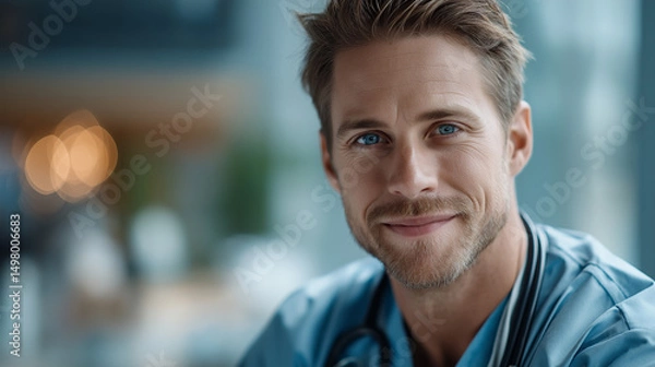 Obraz Confident young medical professional looks directly at the camera, radiating trust, competence, and warmth in a modern healthcare setting.