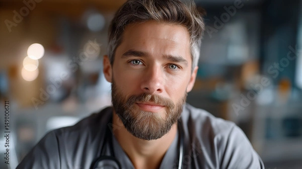 Obraz Confident young medical professional looks directly at the camera, radiating trust, competence, and warmth in a modern healthcare setting.