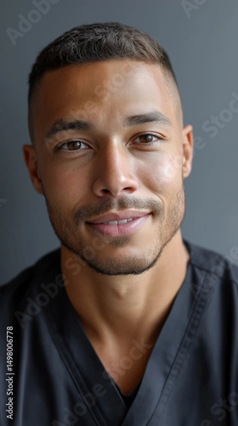Obraz Confident young medical professional looks directly at the camera, radiating trust, competence, and warmth in a modern healthcare setting.