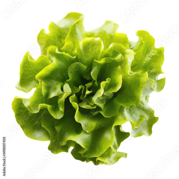Fototapeta A vibrant, light-green lettuce head, exhibiting a full, ruffled rosette form, sits against a black background, showcasing its fresh, crisp texture and delicate, overlapping leaves