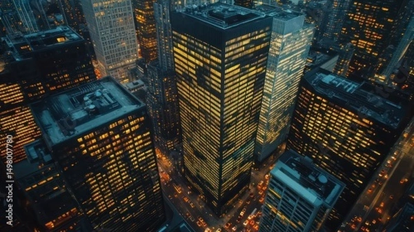 Obraz Aerial view of glowing skyscrapers in a dense city at night.