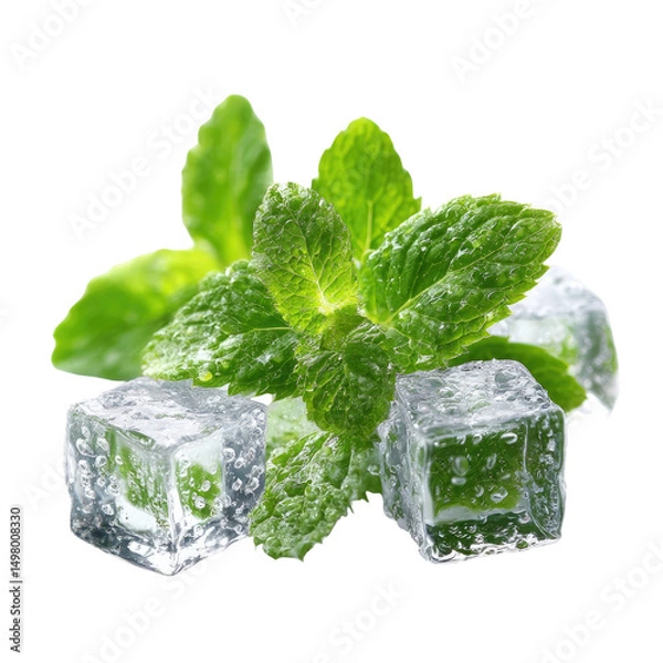 Fototapeta Fresh mint leaves resting on translucent ice cubes, glistening with condensation; vibrant green foliage contrasts with clear, cold ice