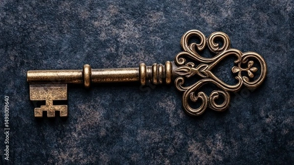 Obraz An ornate, antique golden key rests on a textured, dark gray background.