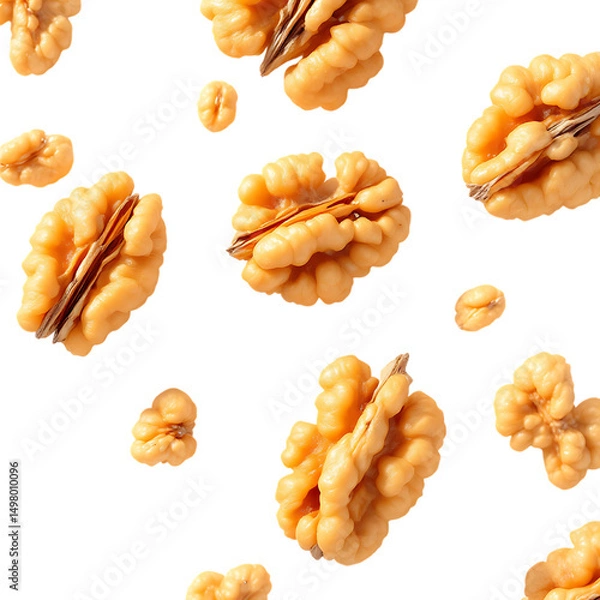 Fototapeta Delicious Walnuts Floating Casually Creating a Pattern on a Plain Black Background Scene