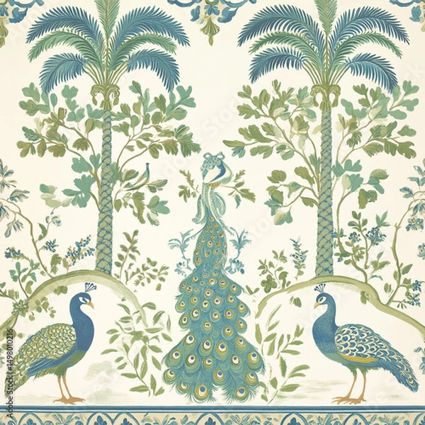Fototapeta Ornamental Mughal Wallpaper with Peacock & Palm Motifs
